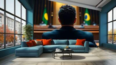 A person seated in a formal setting, facing a podium with Brazilian flags, suggesting a political or legislative environment. Wall mural