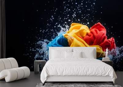 A vibrant splash of water surrounds colorful clothes in a blue bucket against a dark background, capturing a dynamic moment of washing. Wall mural