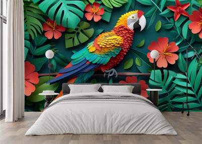 Parrot in a lush jungle, depicted in a papercut 3d style, vibrant and alive with color Wall mural