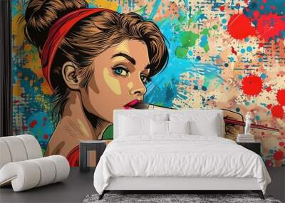 Pop art artist with paintbrush and palette Colorful background with retro comic style art supplies Wall mural