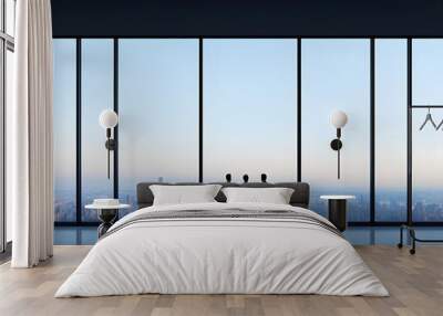 Three silhouetted figures stand before a large window, overlooking a sprawling city skyline at dusk. The scene conveys elegance and contemplation. Wall mural