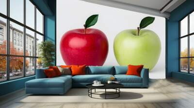 Two bright apples, one red and one green, sit side by side against a neutral background, highlighted by their vibrant colors and fresh leaves. Wall mural