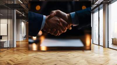 Two business professionals shake hands in a dimly lit setting, symbolizing agreement or partnership. Wall mural