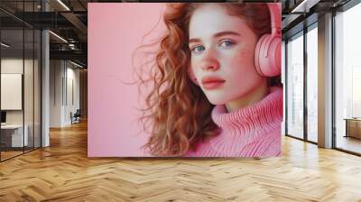 young woman listening the music headphone  Wall mural