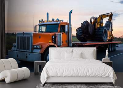 A flatbed truck transporting heavy machinery on a highway  Wall mural