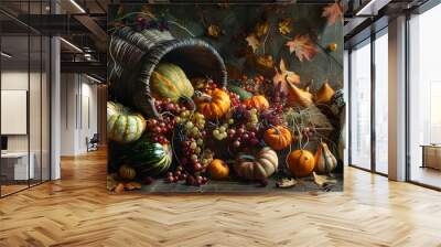 Autumn Cornucopia Overflowing with Seasonal Delights in Rustic Trough Wall mural