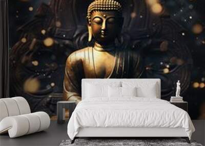 Golden Buddha statue on dark background with stars  Wall mural