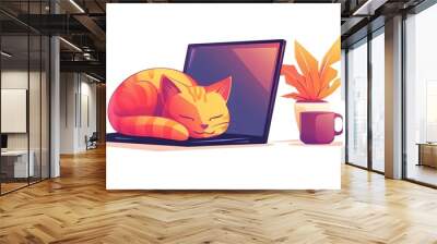 Laptop with Sleeping Feline Companion in a Cozy and Peaceful Workspace Setting Wall mural