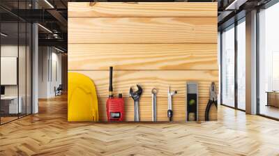 All tools supplies home construction on the wooden table background. Building tool repair equipments. Wall mural