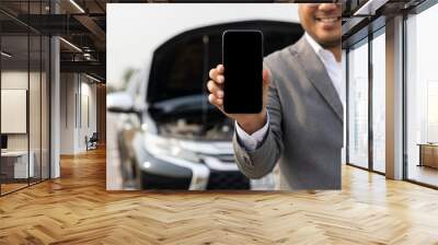 Blank screen of smartphone. Young businessman holding smartphone using application to call service and help car was broken down. Wall mural