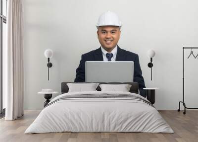 Businessman manager owner real estate working with laptop computer on isolated white background. Cooperation of architect designer. Engineer with safety helmet checking at working construction site Wall mural