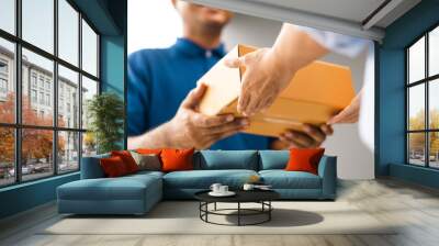 Close up parcel in hand of blue uniform delivery man to customer front of the house with good service from shopping online. Courier man delivering a cardboard box postal package to destination. Wall mural