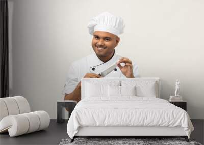 Funny Asian Male chef holding chef knife various gesture action on isolated white background. Cooking man Occupation chef or baker People in kitchen restaurant and hotel. Wall mural