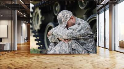 Stressed depressed crying lose war Asian man special forces soldier against on the field Mission. Commander Army soldier military defender of the nation in uniform near battle tank state of war. Wall mural