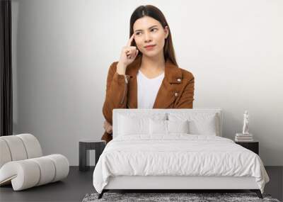 Young beautiful woman standing pose thinking and excited. Happy cheerful female on isolated white background. Wall mural