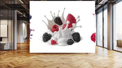 A splash of milk with mixed berry fruit, isolate on transparent background Wall mural