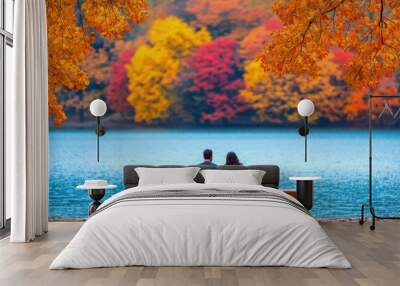 Couple Sitting on Bench with Autumn Colors Wall mural