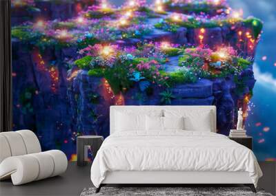 Magical Floating Island with Lights and Lush Vegetation Wall mural