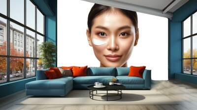 Portrait of an asain woman applying skincare product on her face, beauty concept, isolate on transparent background Wall mural