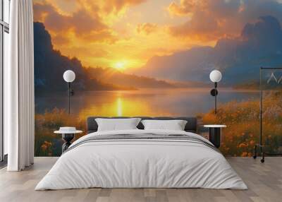 Serene Lakeside Landscape at Golden Hour Wall mural