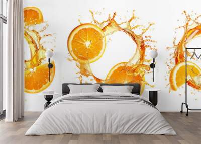 Set of sliced orange with juice splashing in circle shape, isolate on transparent background Wall mural