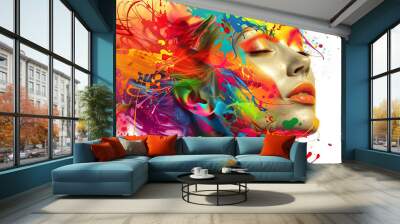 Splash color art with woman on white background Wall mural