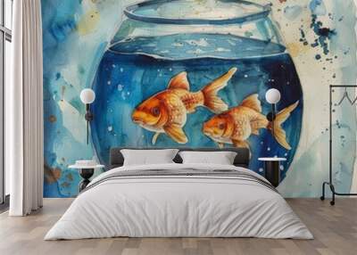 A beautiful watercolor painting depicting two goldfish swimming inside a fishbowl with a blue and white splattered background. Wall mural