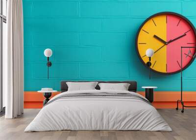 A colorful clock on a teal brick wall with an orange trim. The clock face is split in half, with yellow on the left and pink on the right. Wall mural