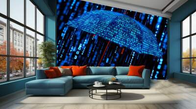 A futuristic umbrella made of digital data, symbolizing protection against information overload in a tech-driven world. Wall mural