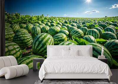 A vibrant field of watermelons under a bright blue sky showcasing lush greenery and ripe fruit ready for harvest. Wall mural