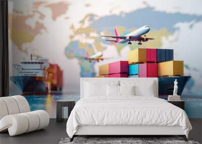 Colorful shipping containers on a ship with a plane above, symbolizing global trade and logistics against a world map. Wall mural