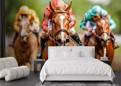 Exciting horse racing action with jockeys competing on a dirt track. Wall mural