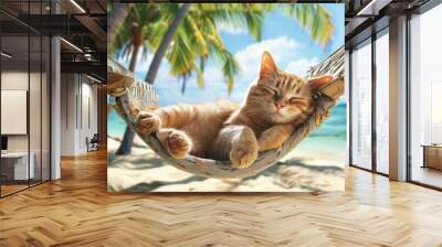 Relaxed orange cat lounging in a hammock on a tropical beach with palm trees and blue ocean in the background on a sunny day. Wall mural