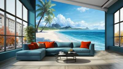 Scenic tropical beach with palms and clear blue water under a sunny sky. Wall mural