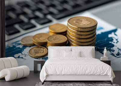 Stacks of coins on a world map beside a keyboard symbolizing global finance and investment opportunities. Wall mural