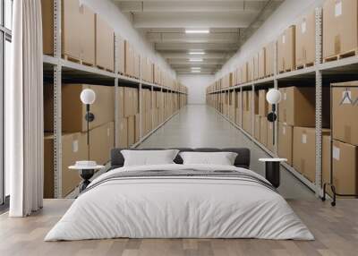 Warehouse interior with rows of neatly stacked cardboard boxes. Wall mural