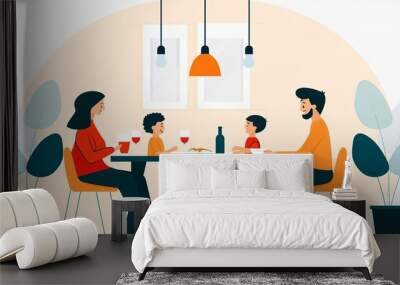 A family of four enjoying a meal together at a dining table, with two children and their parents happily conversing. Wall mural