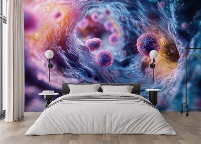 A vivid depiction of cellular structures floating within a fluid environment, featuring vibrant colors and intricate textures, evoking a sense of microscopic life. Wall mural