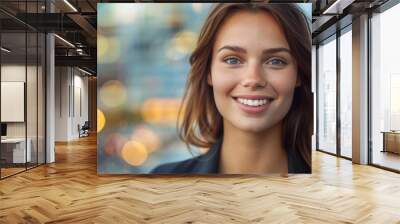 close-up of a professional woman's portrait with subtle smile in business attire with an abstract city scape blurred background Wall mural