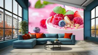 Close-up of a smoothie bowl topped with fresh berries, bananas, and granola, against a soft pink background, highlighting a nutritious meal. Wall mural