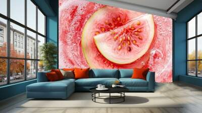 Close-up of juicy guava slices submerged in bubbly water, highlighting the fruit texture and freshness. Wall mural