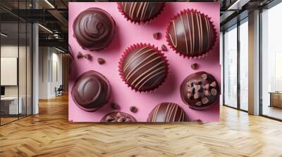 Delicate chocolate truffles showcased in vibrant red paper cups, each adorned with distinct chocolate drizzles and pieces, on a soft pink background. Wall mural