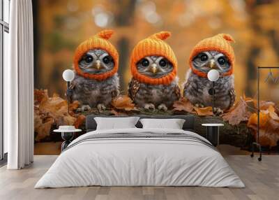 Three owls wearing orange knit hats sit on a branch surrounded by colorful autumn leaves, set against a warm, blurred background. Wall mural