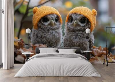 Two fluffy owls wearing matching yellow knit hats perch on a branch amidst autumn leaves, with a soft focus background. Wall mural