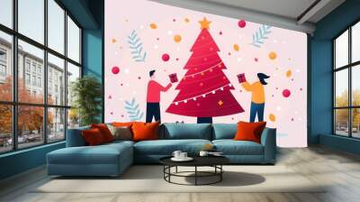 Two people exchange gifts near a brightly decorated red Christmas tree, surrounded by festive leaves and ornaments. Wall mural