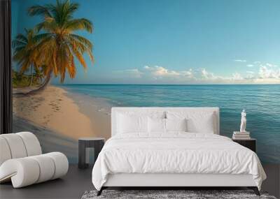 A clean white sandy beach stretches under a vast blue sky, with clear turquoise waters sparkling in the warm sunlight. Soft, foamy waves gently lap the shore perfect for eco-tourism posters or media. Wall mural