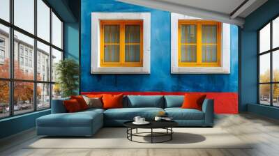 A minimalist illustration of window on the exterior of a building and a wall that plays with bold color contrast. between yellow blue and red Suitable for attracting attention, Communicate a message. Wall mural