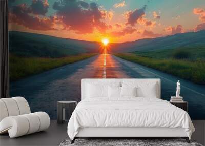 Beautiful sky and sunrise on a road outside a city can symbolize a fresh and hopeful new beginning. which can be used as inspiration to start something new Or in promoting morale in daily life. Wall mural