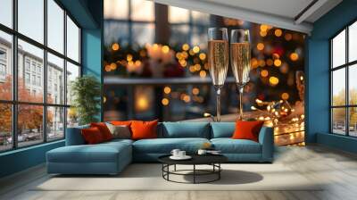 Champagne glasses were placed on the table and enjoyed with friends in a good atmosphere. It symbolizes the happiness that arises in that moment when everyone comes together to create good memories. Wall mural