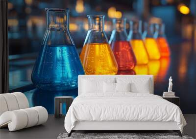 Close-up of glass beakers filled with colorful chemical solutions on a modern lab table, with a blurred background of laboratory equipment. The bright lighting creates vibrant reflections on the glass Wall mural